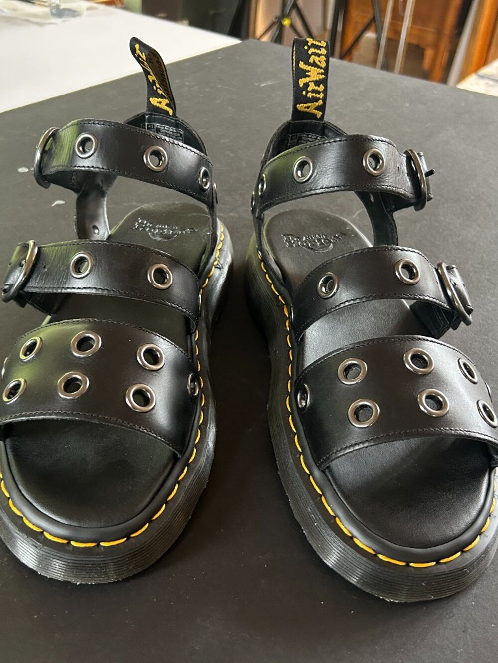 Doc Martens, sandals, gryphon hardware, black brando leather, unisex: size 12W